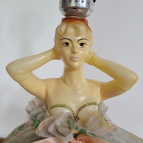 Vintage Lady In Dress MCM Lamp Celluloid Plastic Floral Swiss Dot Hoop Skirt - Picture 5 of 16